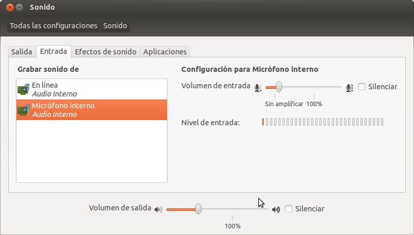 Pantalla de configuración del sonido en Ubuntu